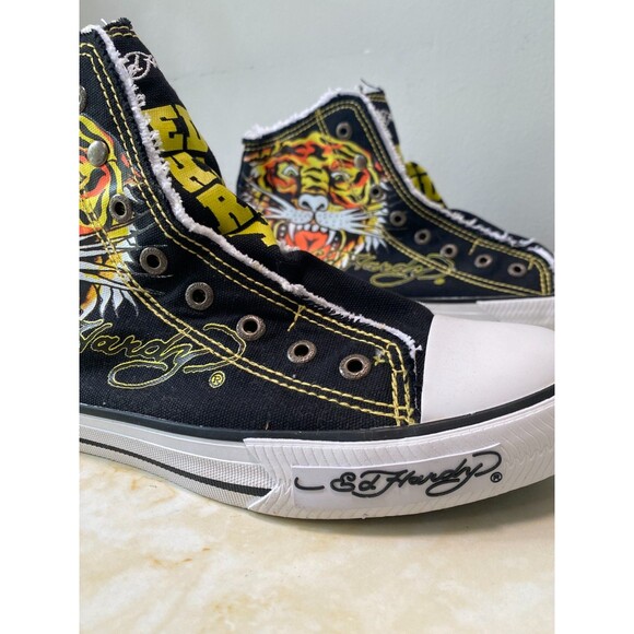 Vintage Y2K Retro Ed Hardy Tiger Men 10 Black Canvas High Top Laceless Sneakers